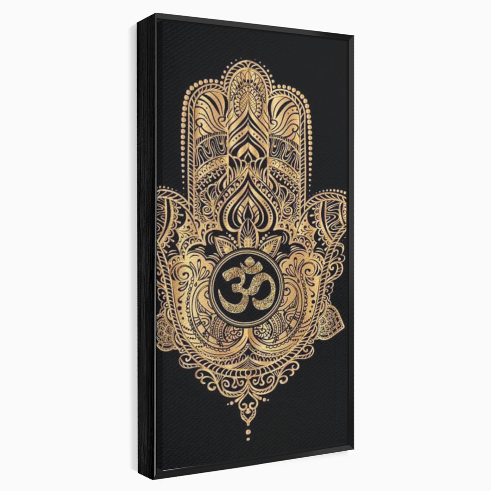 Tablou canvas cu illustratie digitala hamsa aurie, in rama de aluminiu negru